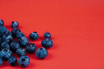 Wall Mural - Fresh Blueberries on Vibrant Red Background