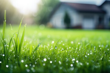 Wall Mural - Morning dew on green grass, raindrops, lawn in front of a house.