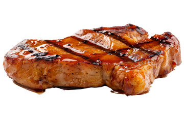 Wall Mural - Succulent pork steak with a layer of oily sauce, suspended in the air, isolated on a clean white background, emphasizing its grilled texture