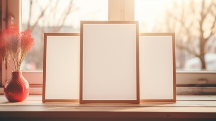 Poster - Blank photo frames on table.