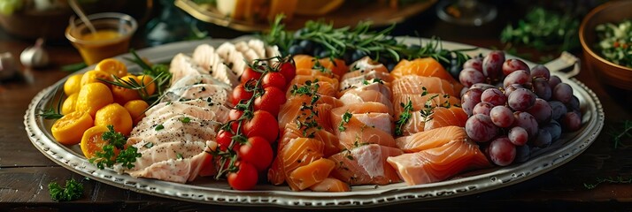 Wall Mural - Delicious Food Platter with Smoked Salmon, Grapes, Tomatoes, and Kumquats - Food Photography