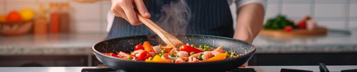 Sticker - close-up of a chef's hand stirring a pan of steaming vegetables and meat, with a blurred kitchen background and steam rising from the food