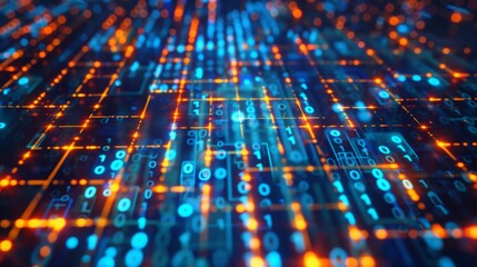 Poster - An abstract digital grid with binary code glowing in blue and orange hues.