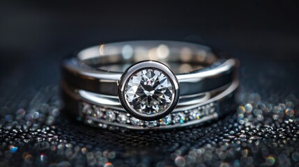 Beautiful close-up shot of an elegant diamond engagement ring with intricate details. Perfect for fine jewelry and luxury themes. Highlighting style and sophistication of wedding ring design. AI