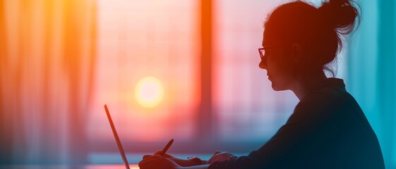 silhouette of a woman working on laptop with a sunset view through a window - digital nomad lifestyle, remote work, evening productivity, freelance business, online business, working from home, home o