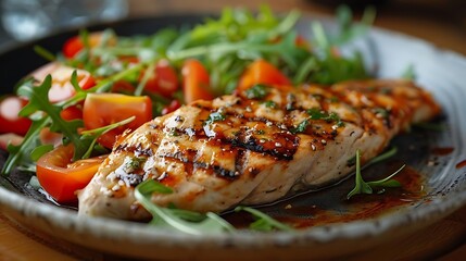 Wall Mural - Grilled Salmon with Cherry Tomatoes and Arugula - Food Photography