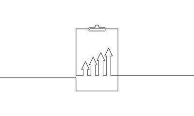 Wall Mural - Continuous one line drawing of clipboard with graph. Illustration vector of business growth icon. Single line art of bar chart. Increasing arrow up sign symbol