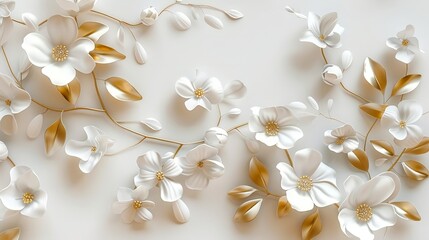 Wall Mural - A luxurious white and gold floral background featuring delicate white flowers and golden leaves.