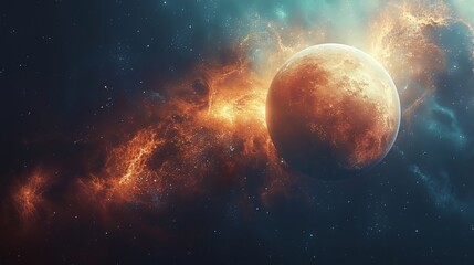 Wall Mural - a planet with rings, seen from space, blue light in the background, illustration style, simple, dark