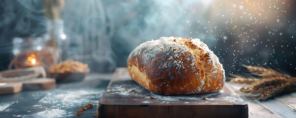 Freshly Baked Bread with Flour Dust and Wheat Spikes, Realistic Still Life Photography