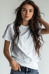 White tshirt mockup on woman model created with Generative AI