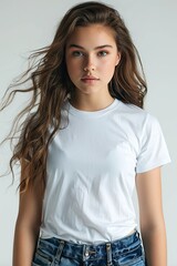 White tshirt mockup on woman model created with Generative AI