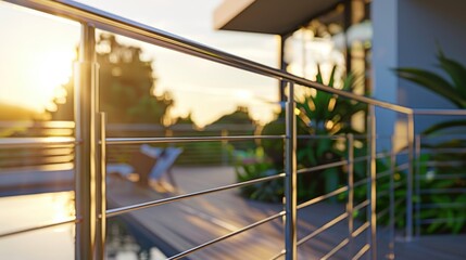 Wall Mural - Sunset view from the railing of a house, with warm lighting and long shadows