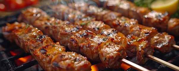 Wall Mural - Grilled Chicken Skewers Close Up - Photo