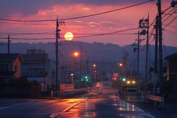 Wall Mural - A city street at dusk with a large sun in the sky. The street is lit up with street lights and cars are driving down the road