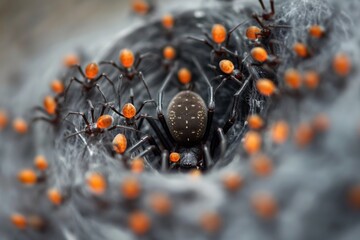 A spider is surrounded by many other spiders