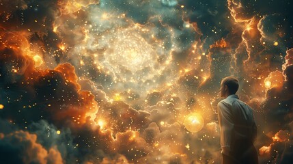 Wall Mural - someone gazes in wonder at a night sky filled with glowing clouds and twinkling stars, creating a ma