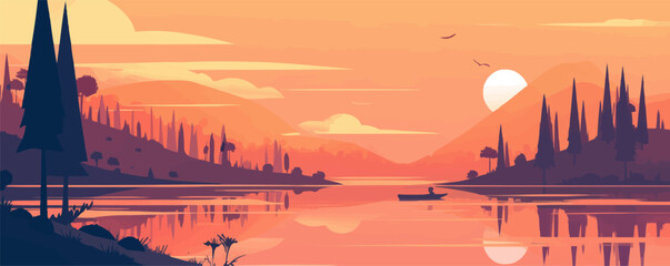 Tranquil sunset over a calm lake, reflecting warm hues vector flat minimalistic isolated illustration