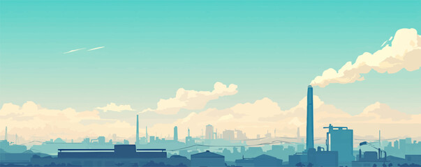 Smokestacks emitting vapor against a clear sky in an industrial area. Vector flat minimalistic isolated illustration.