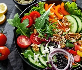 Fresh and colorful vegetable salad with tomatoes, cucumbers, peppers, and greens, perfect for a healthy meal or vegan diet.