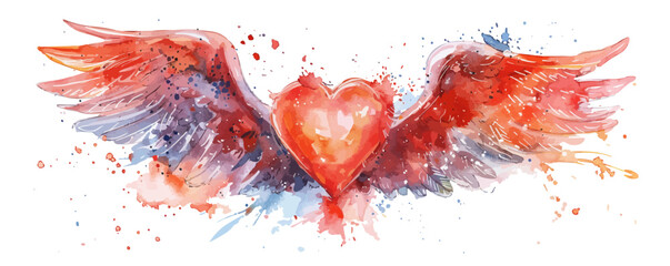 Heart red with wings watercolor illustration