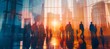 © Xingguo - Double Exposure of Business People Collaborating in Office with Cityscape Background, Silhouetted Against Skyscrapers in Soft Daylight