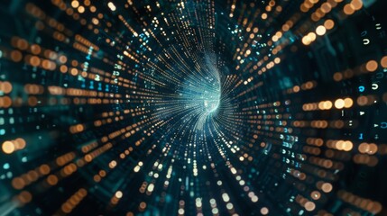 Aufkleber - A digital tunnel composed of abstract shapes and lines of light, with a deep, dark blue background.