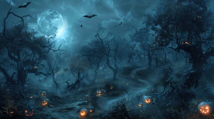 Wall Mural - eerie halloween background with a dark, foggy forest, twisted trees, and glowing jack-o'-lanterns sc
