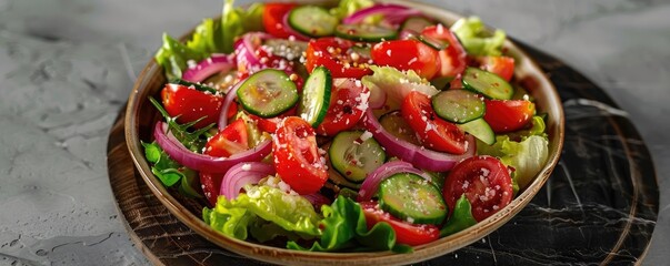 Wall Mural - Fresh vegetable salad with tomatoes, cucumbers, red onions, and lettuce on a wooden plate. Healthy eating concept.