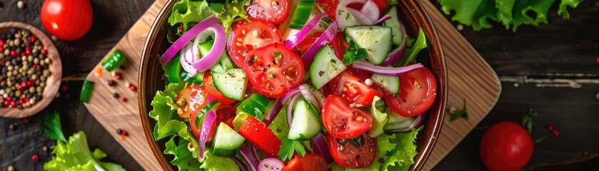 Wall Mural - Top view of fresh vegetable salad with tomatoes, cucumbers, and onions in a wooden bowl on dark rustic background.