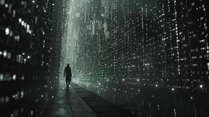Fototapete - A lone figure walks along a narrow path, surrounded by walls of glowing digital data.