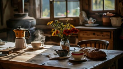 A rustic kitchen table is set for breakfast, with steaming coffee mugs, fresh bread, and a vase of flowers