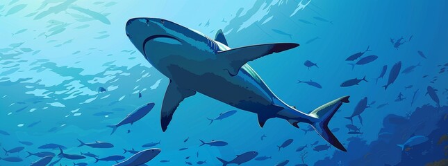 Sticker - A grey shark is in a beautiful turquoise ocean with fishes, seaweed, corals, and seaweed.