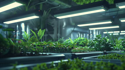 Sci Fi Grunge Modern Clean background featuring a futuristic agricultural facility, with sleek hydroponic systems, glowing grow lights, and a mix of clean and natural elements.