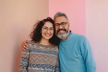 Canvas Print - Portrait of a glad latino couple in their 40s wearing a cozy sweater in front of solid pastel color wall