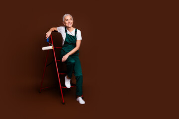 Wall Mural - Photo of charming lovely senior woman wear uniform climb ladder empty space isolated on brown color background