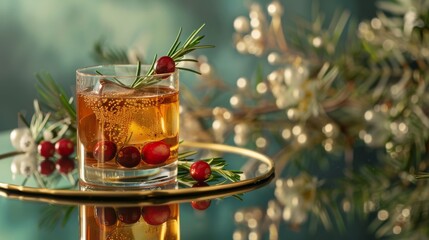 Alcoholic beverage with absinthe cranberries rosemary and brown sugar displayed on a mirrored surface