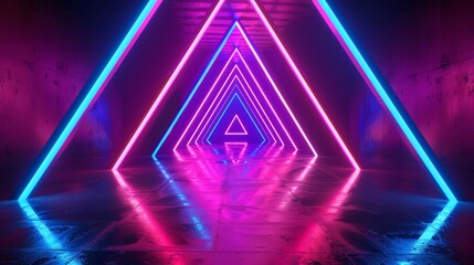 Wall Mural - This is a 3D render of an abstract background with pink and blue glowing neon light triangles, a geometric wallpaper with triangular tunnels, and an abstract background