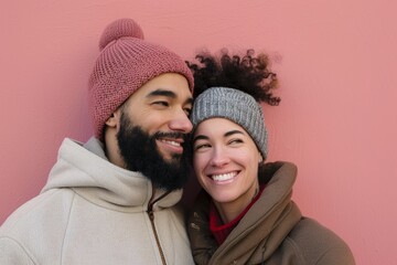 Sticker - Portrait of a satisfied multicultural couple in their 40s donning a warm wool beanie over solid pastel color wall