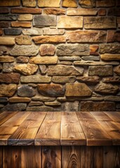 Canvas Print - Rustic wooden table against a stone wall backdrop.