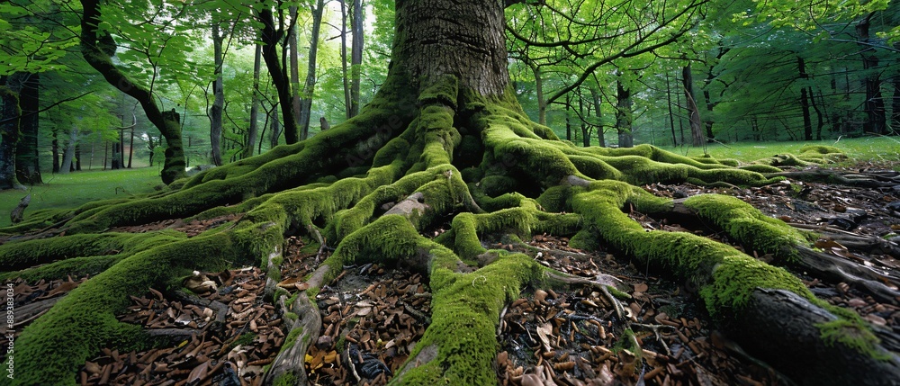 Majestic Ancient Oak Tree with Sprawling Roots and Moss-Covered Trunk ...
