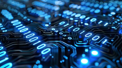 Poster - A close-up image of a circuit board with glowing blue binary code. The intricate design of the board and the bright blue lights create a visually striking image of the digital world.