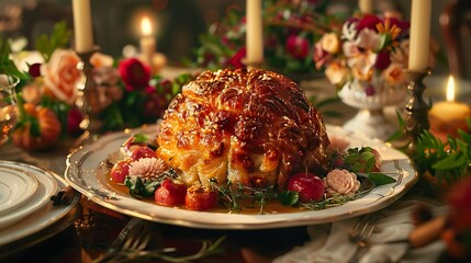 Poster - Gourmet Glazed Ham with Apples and Flowers - Realistic Food Image