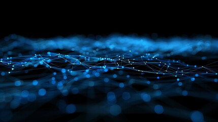 Blue data points and network connections on a black background.