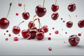 Wall Mural - whole sliced fresh cherries air isolated white background strawberry colours delicious food freshness fruit group health healthy ingredient meal natural nature nobody nourishment organic raw ripe