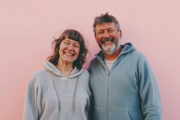 Wall Mural - Portrait of a happy caucasian couple in their 60s wearing a zip-up fleece hoodie isolated in solid pastel color wall