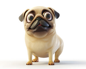 Pug dog, full body, 3D, isolated white background, copy space, kawaii.