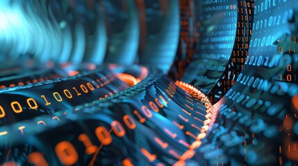 Fototapete - A close-up image of binary code flowing through a digital network, showcasing the intricate flow of information in the digital world.