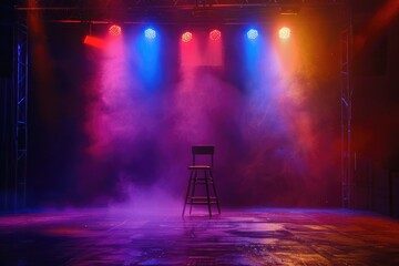 Wall Mural - A chair sits on a darkened stage lit by colorful lights