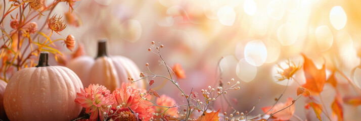 Poster - Autumn scene with pumpkins and flowers. Thanksgiving banner with warm seasonal colors.